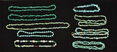 Collection of Turquoise and Malachite Necklaces. 9 necklaces, 7 made of turquoise and 2 made of 
