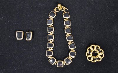 Black and Gold Tone Earrings, Necklace and Brooch. Anne Klein gold tone and enamel necklace and 