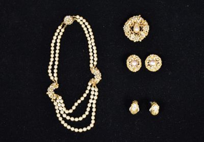 Miriam Haskell Gold Tone and Faux Pearl Set. Miriam Haskell faux pearl necklace, brooch and clip 