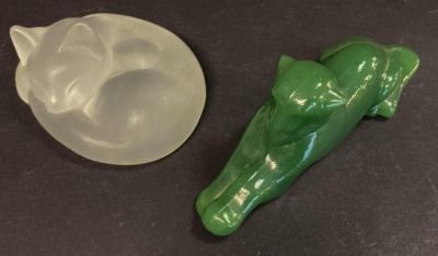 Two Art Glass Cats. 2 unsigned art glass cats. Green 8"L