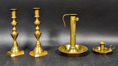 Lot of 4 Brass Candlesticks. Lot of 4 brass candlesticks, Pair of push up candlesticks, 2 brass 