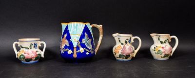 Wedgwood Argenta Pitcher. 19th century Wedgwood majolica cobalt and pink argenta bird and fan 