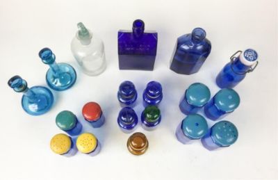 Grouping of Glass Shakers & Bottles. 19 pieces. Many marked Made in Japan, Made in Taiwan 