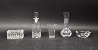 5 Piece Glass Lot. 5 piece glass lot. Sevres Cristal vase, decanter with etched floral 