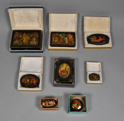 Grouping of 8 Palekh Lacquer Boxes. Grouping of 8 Soviet Era Palekh lacquer boxes. Russian, 20th 