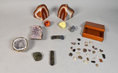 Collection of 8 Minerals and Gems. Collection of 8 mineral and gems. Amethyst geode, orange 