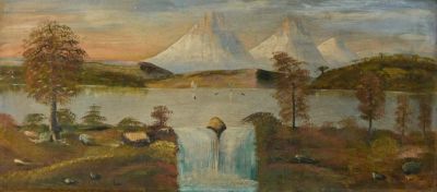 Signed Bashor Oil on Canvas Waterfall Landscape. Oil on canvas waterfall in mountain lake 