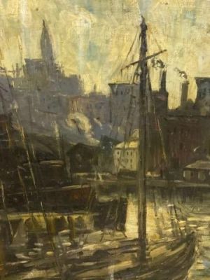 Oil on Canvas Harbor Scene. Oil on canvas harbor scene, 35"H x 29 1/2"W Some dings and damage to 
