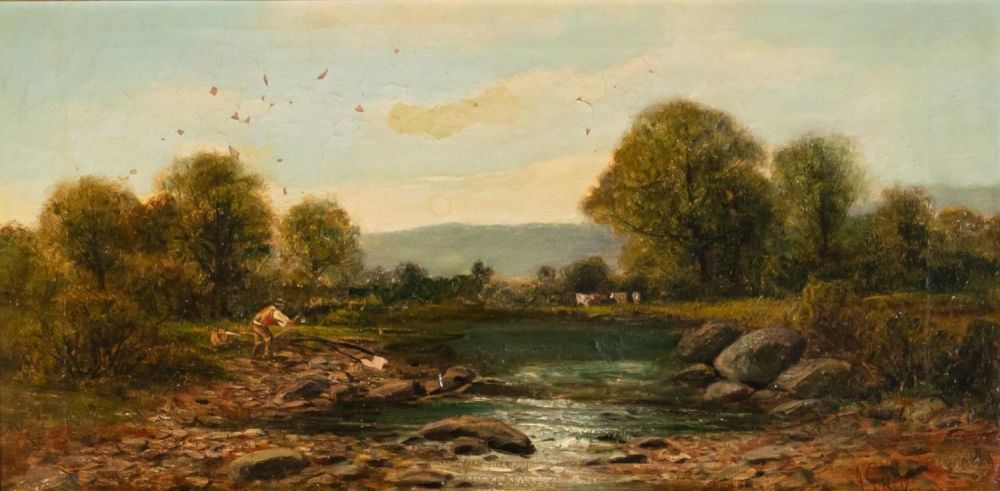 Lot 375: J.G. Atkinson Oil on Canvas Man in River Landscape