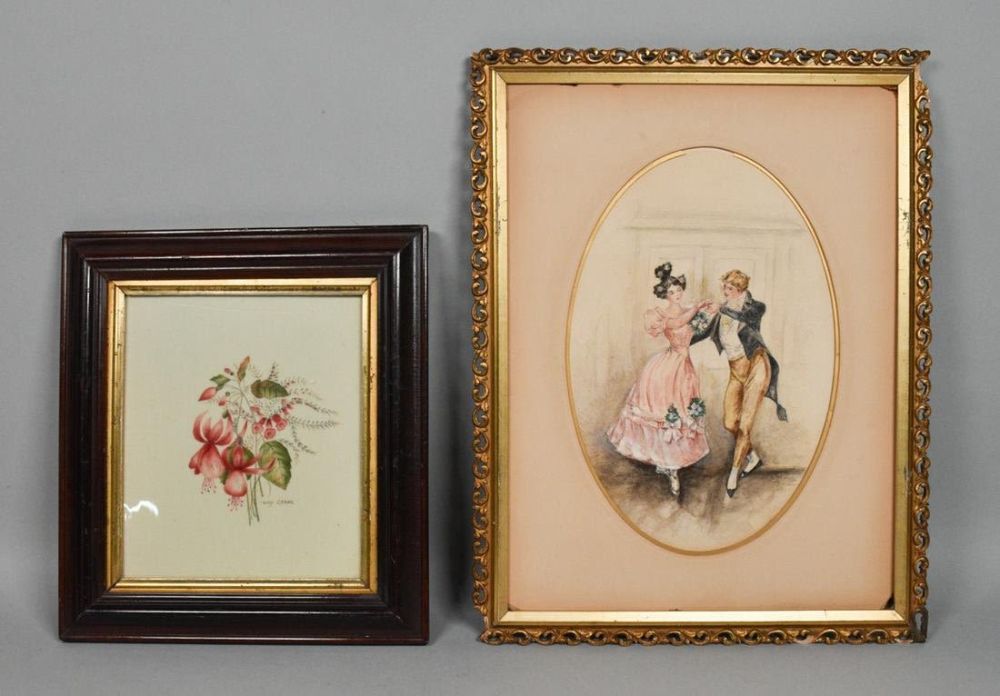 Lot 104: Flower Lithograph on Felt & Genre Scene Watercolor