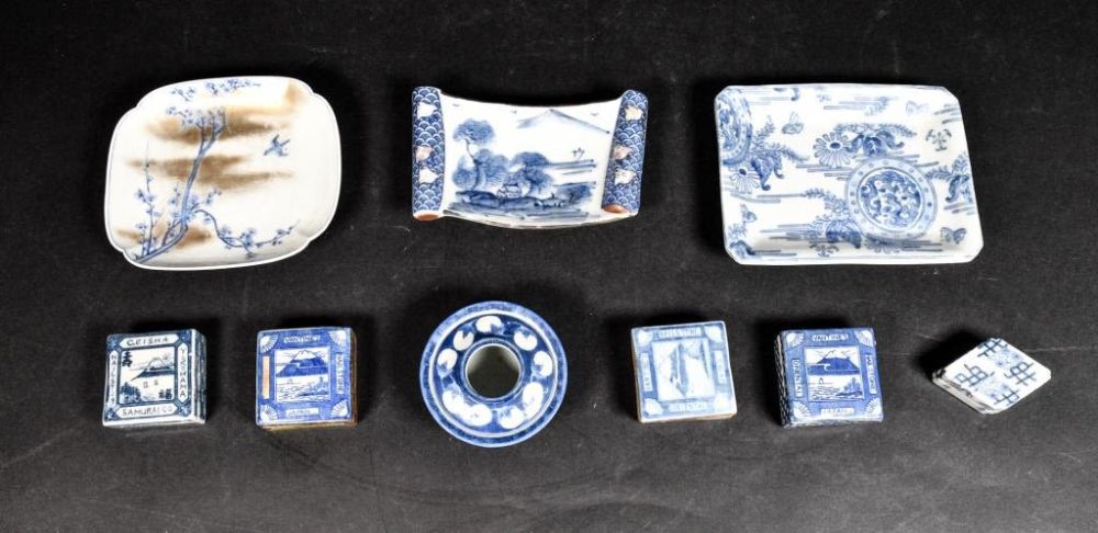Lot 129: 9 Pieces Japanese Blue and White Porcelain