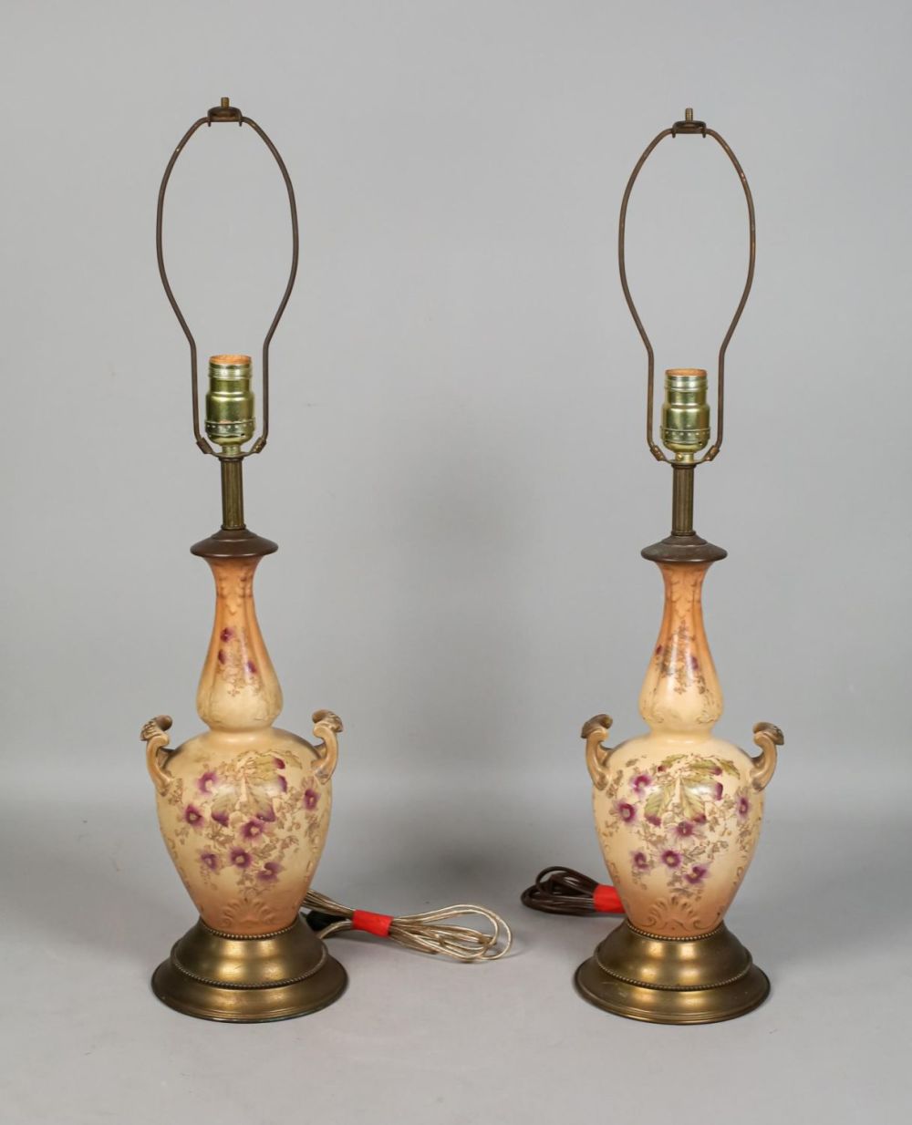 Lot 344: Pair Porcelain Urn Lamp on Brass Base