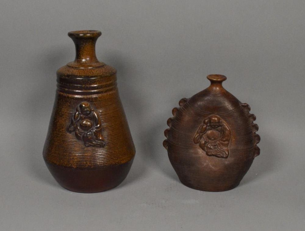 Lot 393: 2 19th Century Bizen Vases with Hotei Figure