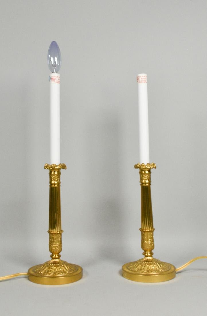 Lot 401: Pair of Gilt Candlestick Lamps