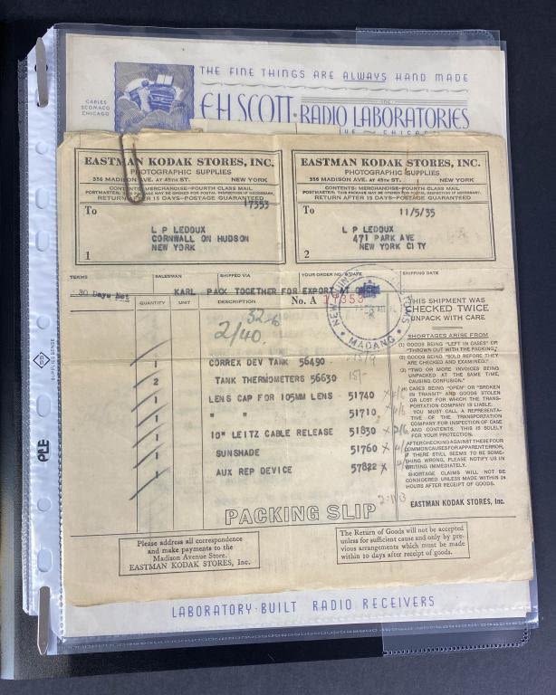 Lot 165: US Receipt for Photo Equipment 1935