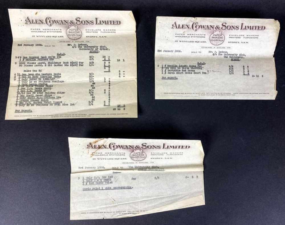 Lot 171: Receipts for Suppliers in Australia 1936 Ledoux