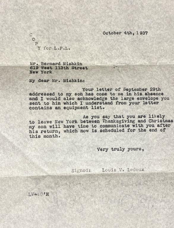 Lot 184: Letter from Ledoux's Father to Bernard Mishkin