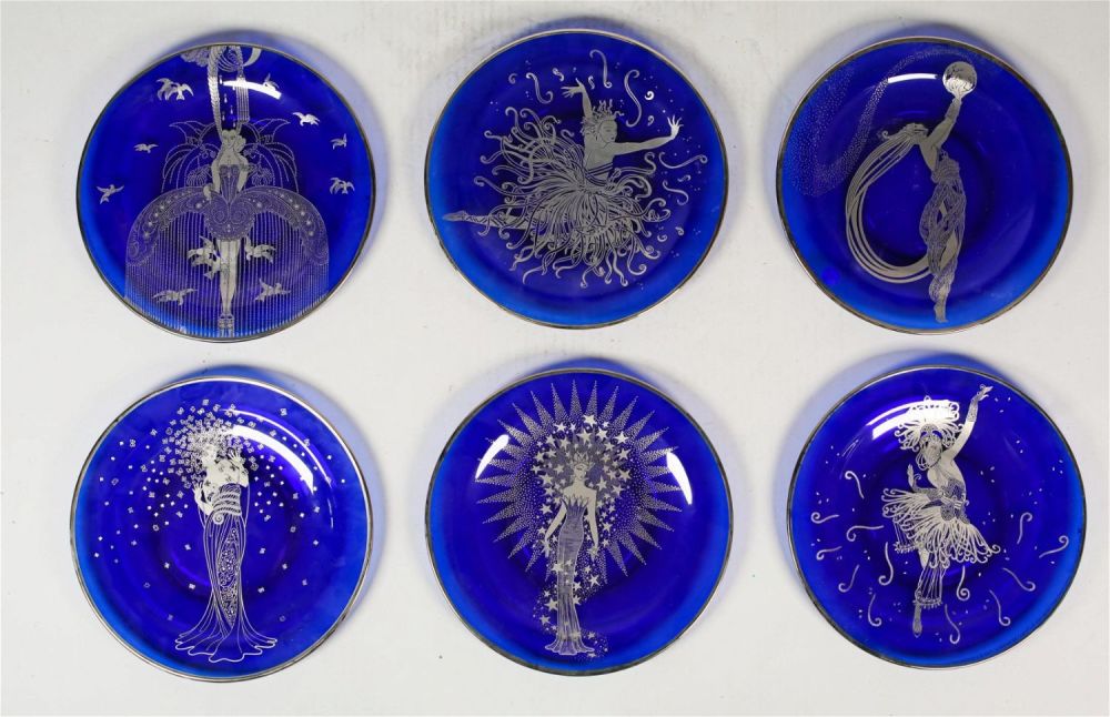Lot 259: 6 Erte Cobalt Glass Plates