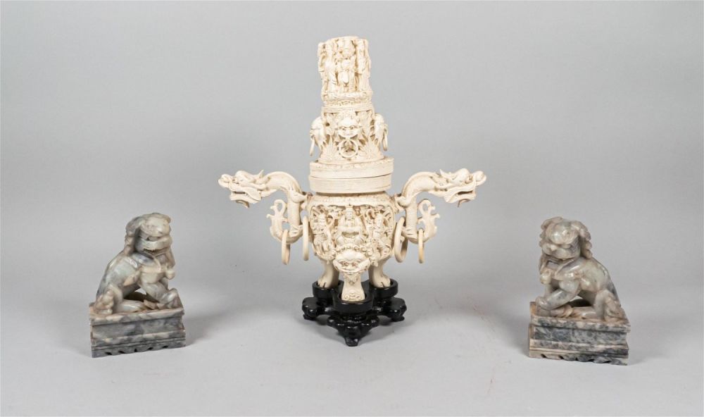 Lot 335: Chinese Resin Censer & 2 Hardstone Foo Dogs