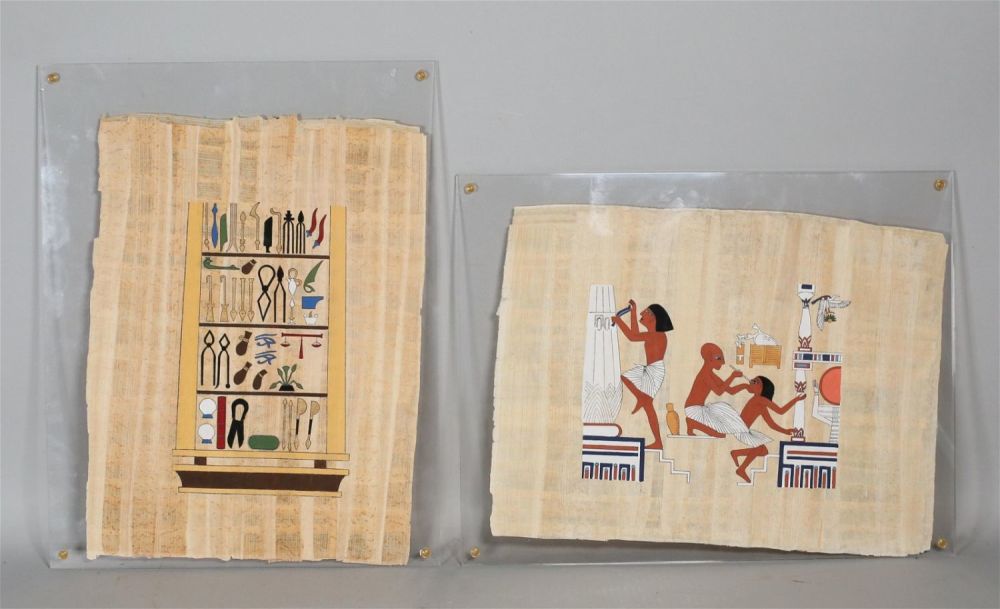 Lot 336: 2 Egyptian Revival Gouache on Papyrus Paintings