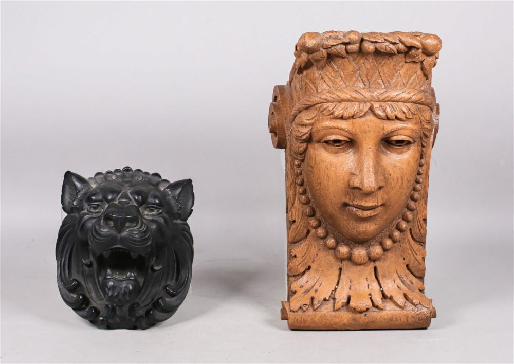 Lot 349: Terracotta Figural Corbal and Pottery Lion Head