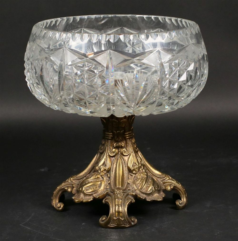 Lot 386: Loevsky & Loevsky WMC Cut Glass and Brass Compote