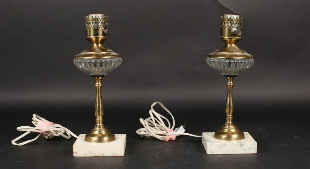 Lot 405: Pair of Victorian Brass and Glass Oil Lamps