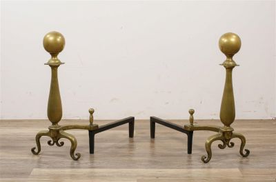 Lot 1 - Pair of Brass Ball Top Andirons