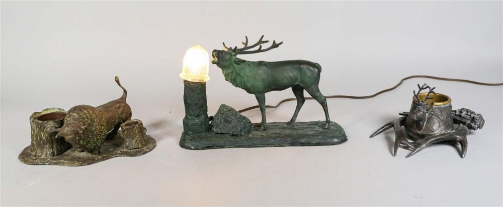 Lot 182: Moose Table Lamp, Buffalo & Stag Inkwells