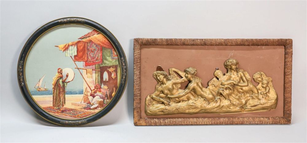Lot 190: Orientalist Lithograph & Allegorical Tin Panel