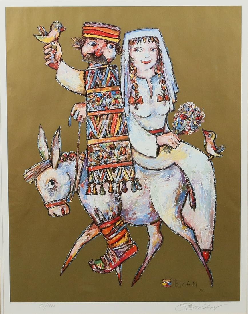 Lot 213: Jovan Obican Lithograph Village Wedding on Donkey