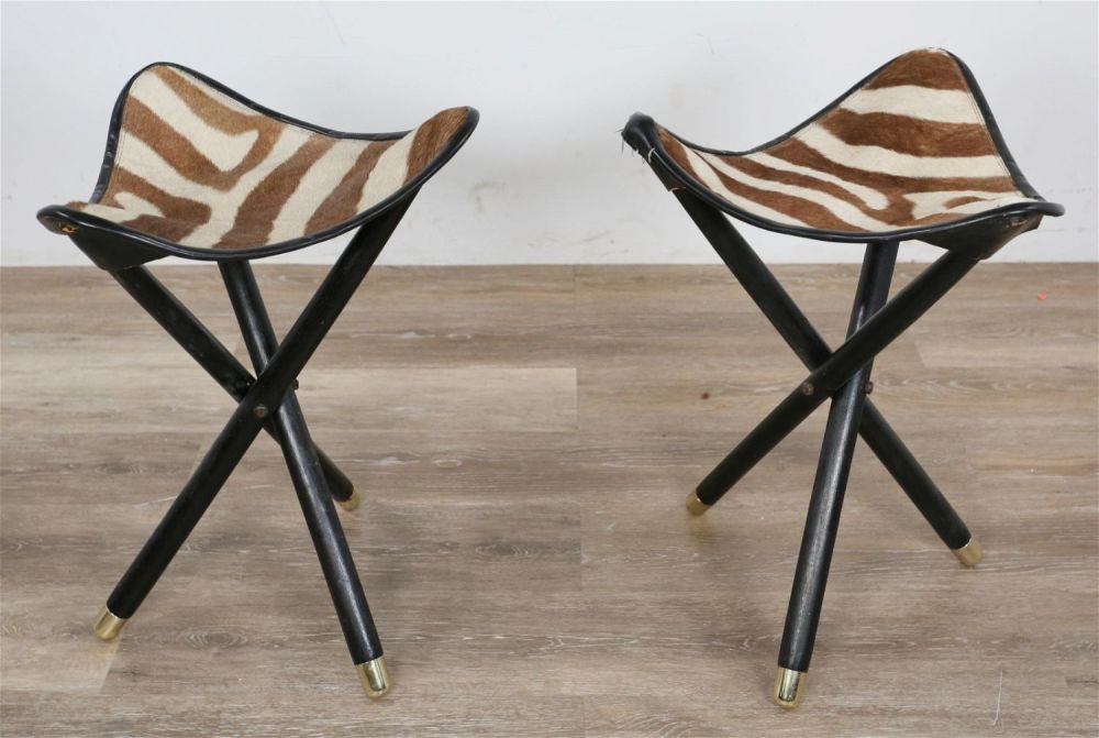 Lot 298: 2 Mid Century Modern Zebra Hide Tripod Stools