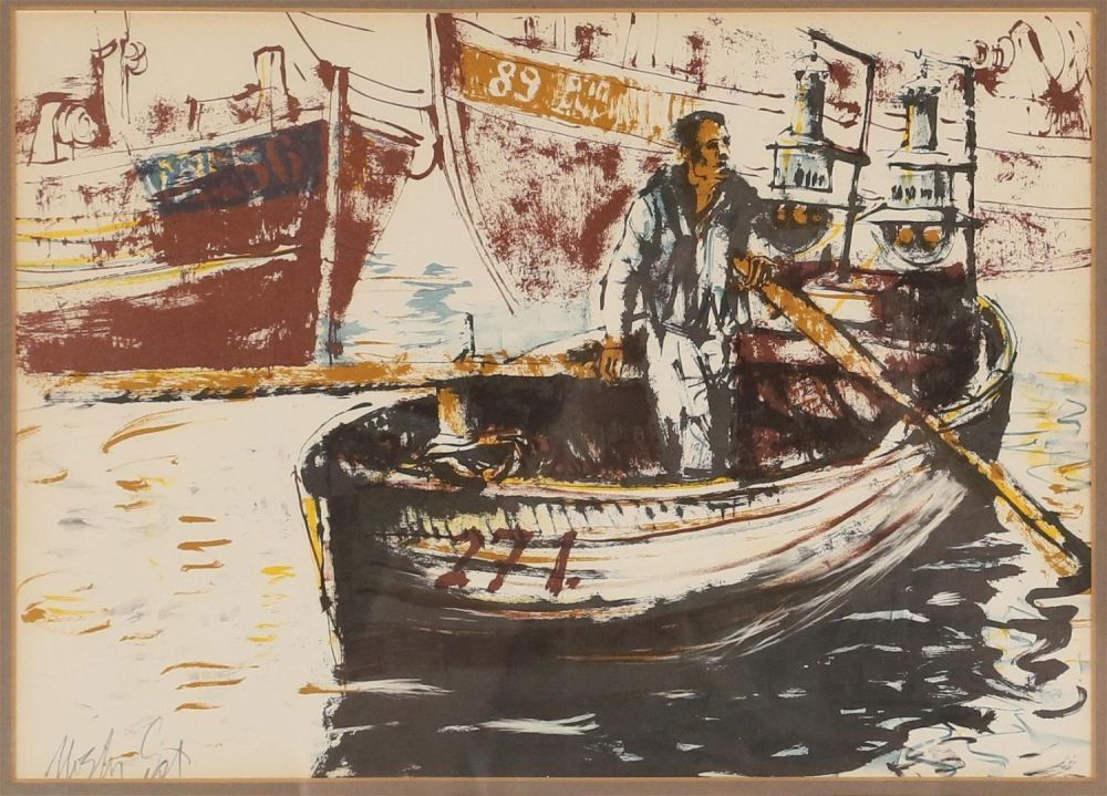 Lot 336: Moshe Gat Lithograph, Man in a Boat