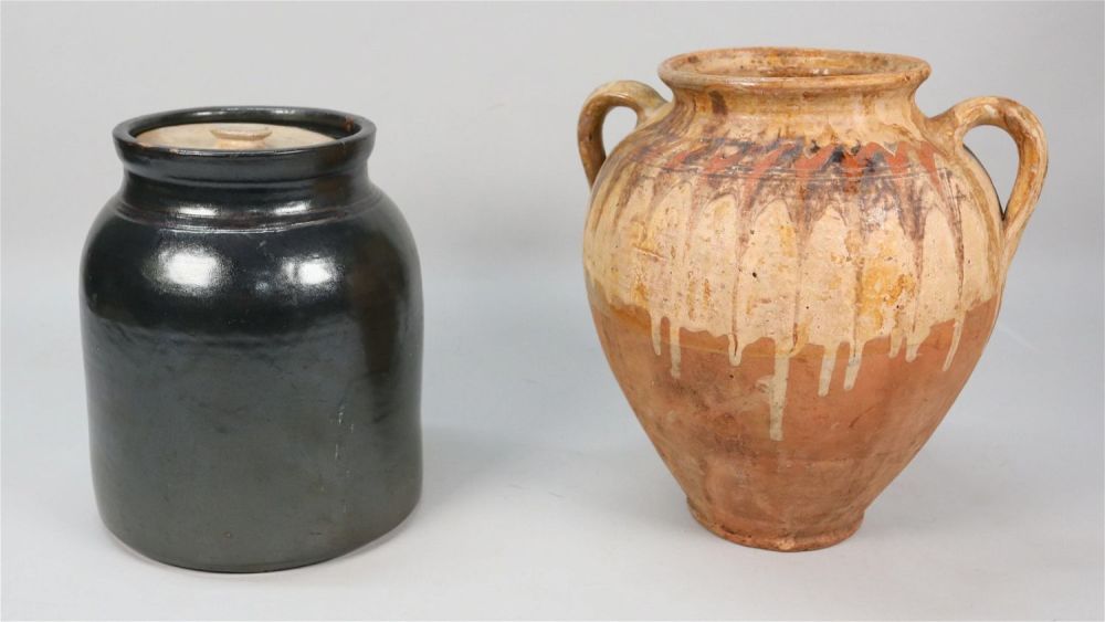 Lot 372: Slip Glazed Terracotta Vase, Stoneware Crock