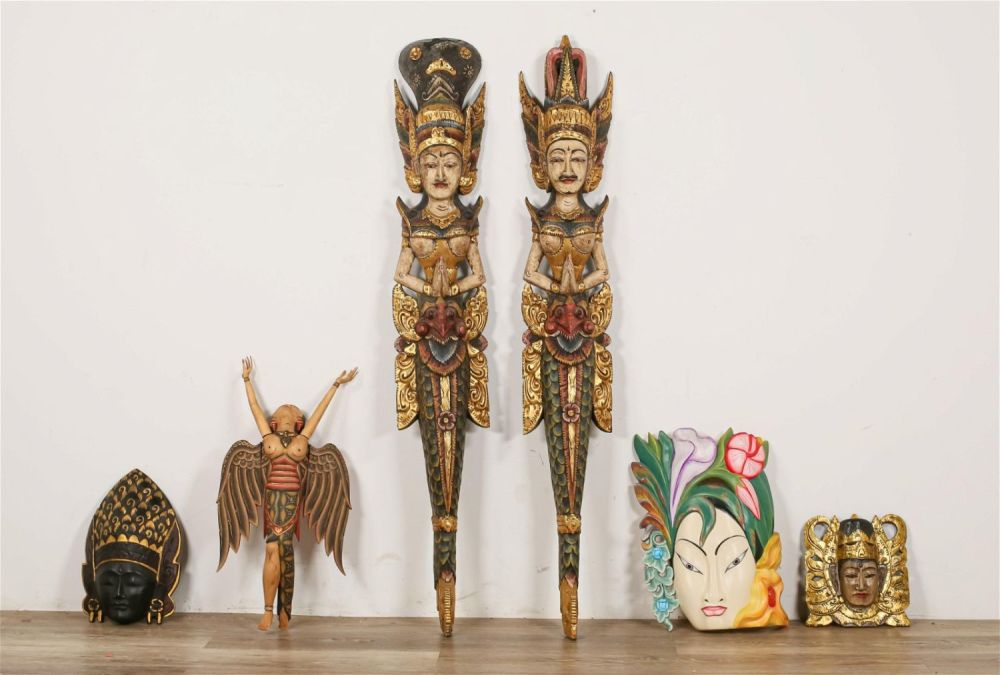Lot 386: 6 Balinese Wood Masks and Sculptures