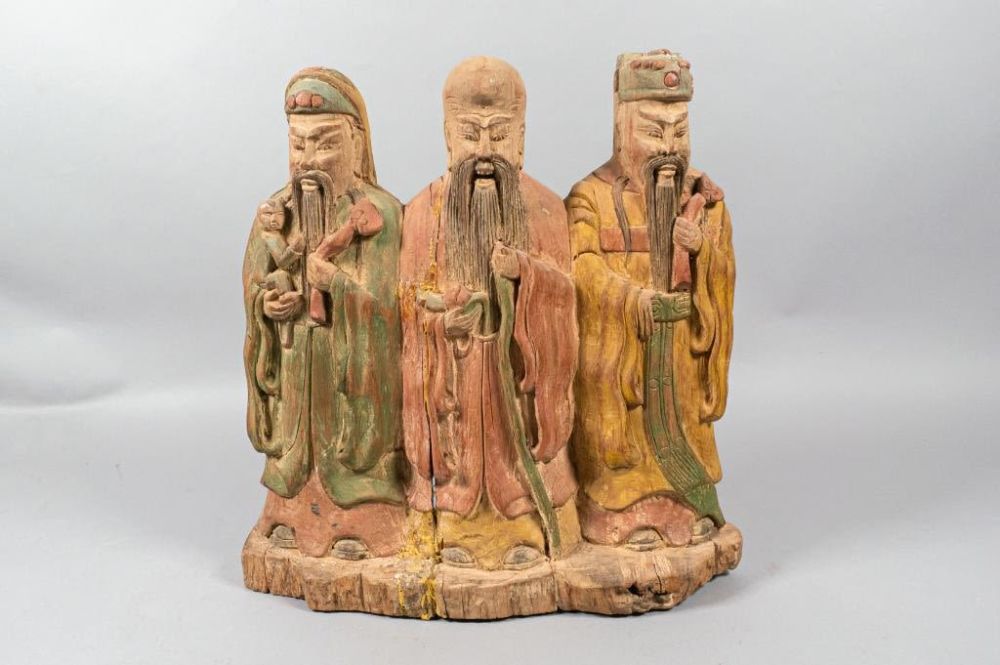 Lot 391: Fortune, Prosperity and Longevity Wooden Sculpture
