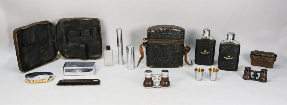 Lot 443: Toiletry Case, 2 Whiskey Flasks & Opera Glasses