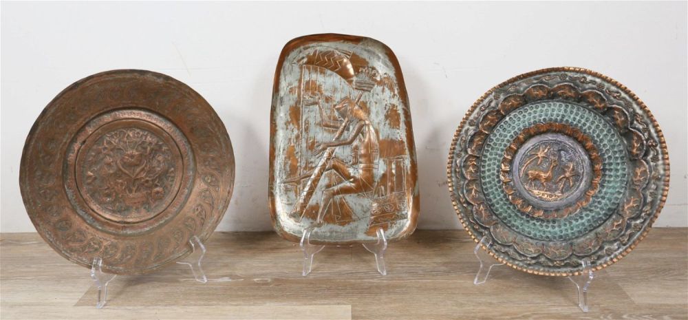 Lot 446: Israeli Repousse Copper Chargers and Plaque