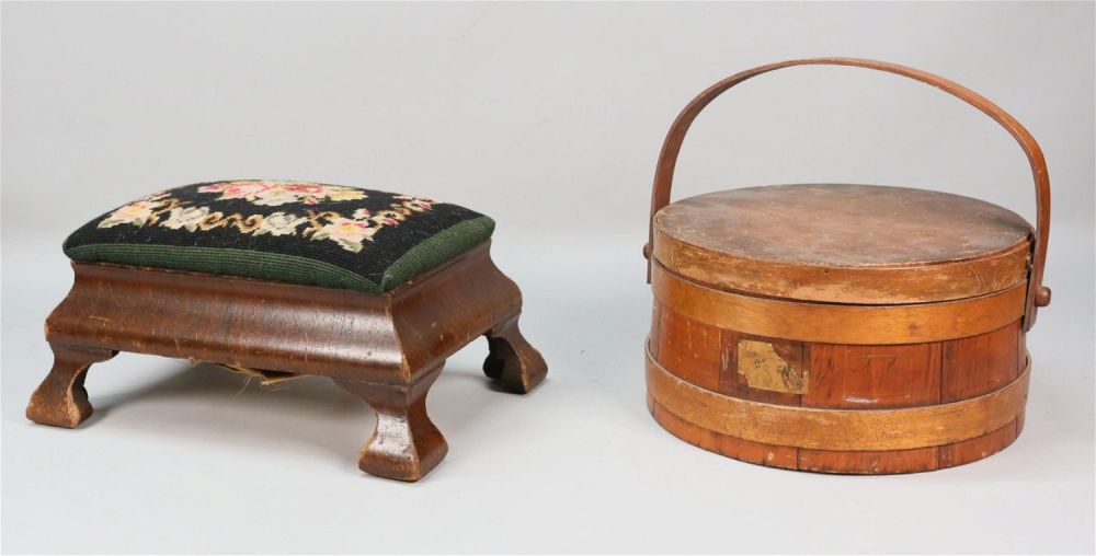 Lot 448: Upholstered Footstool & Handled Wood Lunch Box