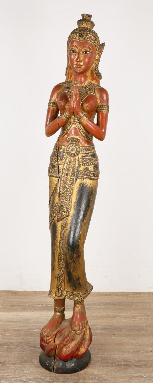 Lot 174: Carved Polychrome Thai Female Deity Sculpture