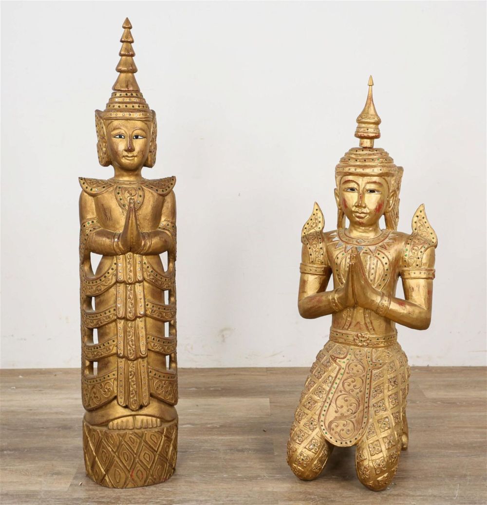 Lot 177: 2 Thai Gilt Wood Temple Guardian Statues
