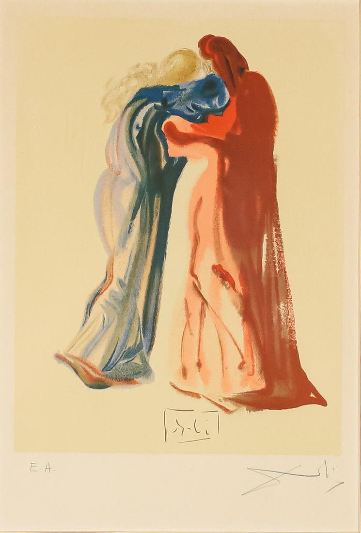 Lot 194: After Salvador Dali Color Woodcut Dante & Beatrice