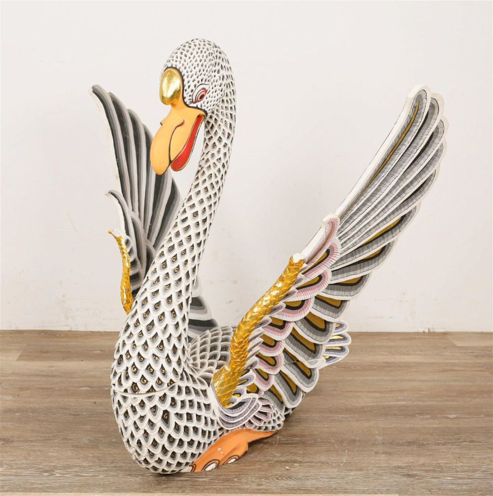 Lot 300: Carved Thai Style Swan Sculpture Signed Weta