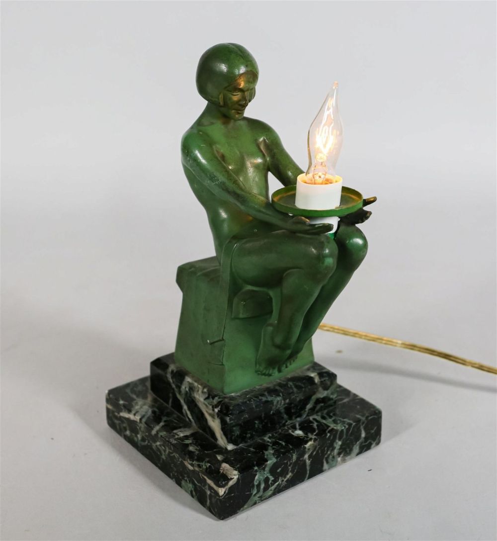 Lot 311: Max LeVerrier Art Deco Figural Bronze Lamp