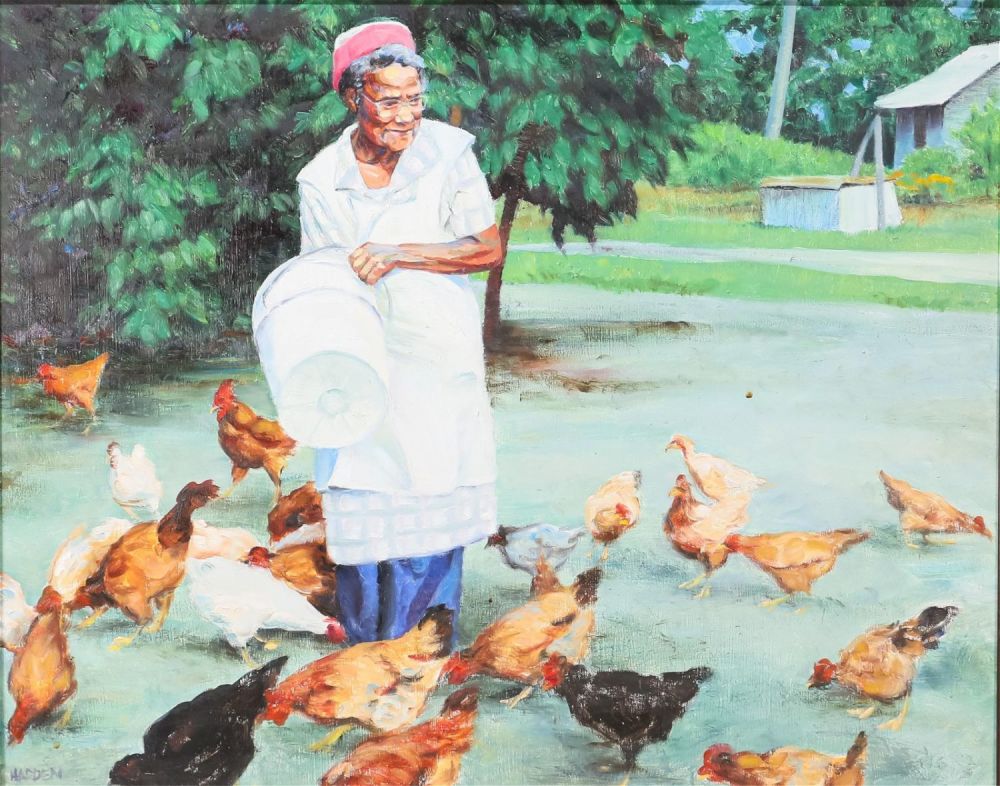 Lot 334: Laurie Harden Oil on Board Chick Chick