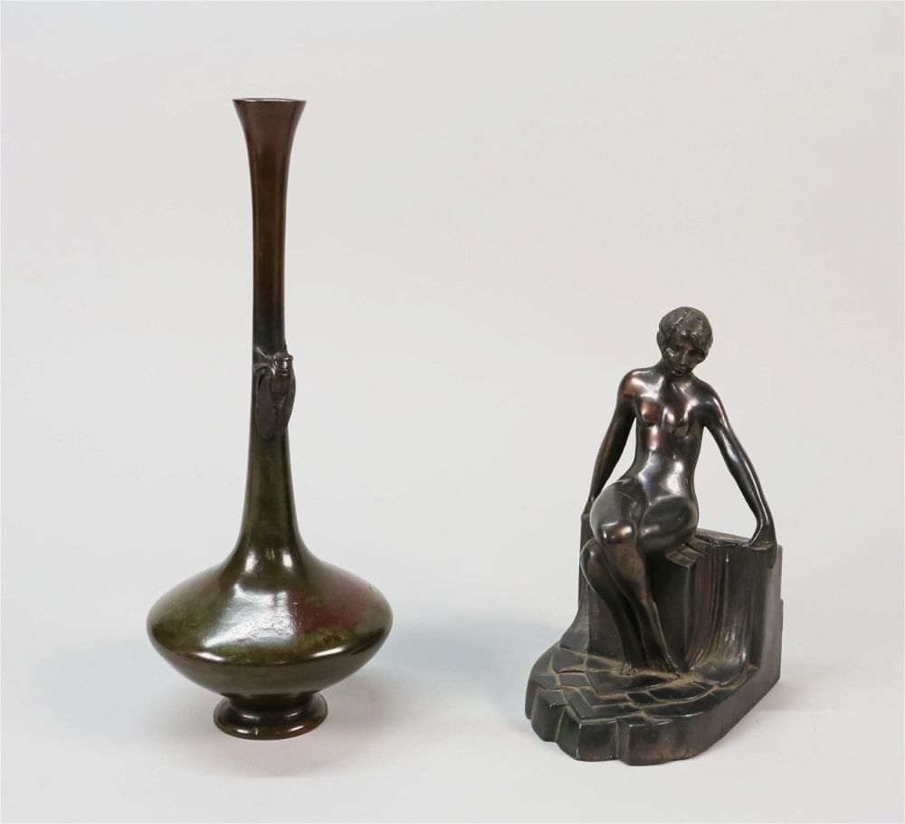 Lot 352: Metal Art Deco Sculpture and Bronze Vase