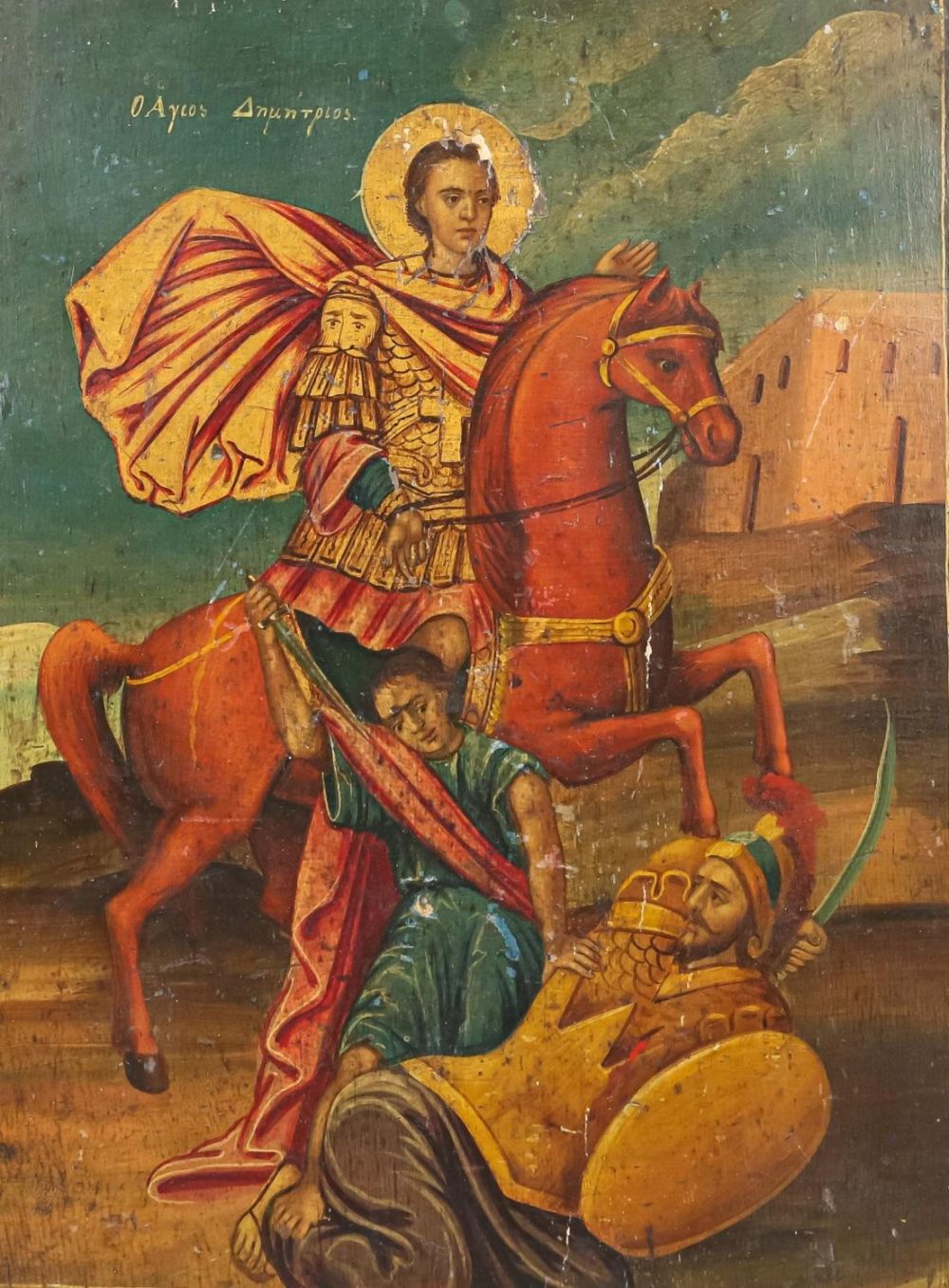 Lot 412: Oil on Wood Panel Icon Saint Demetrius