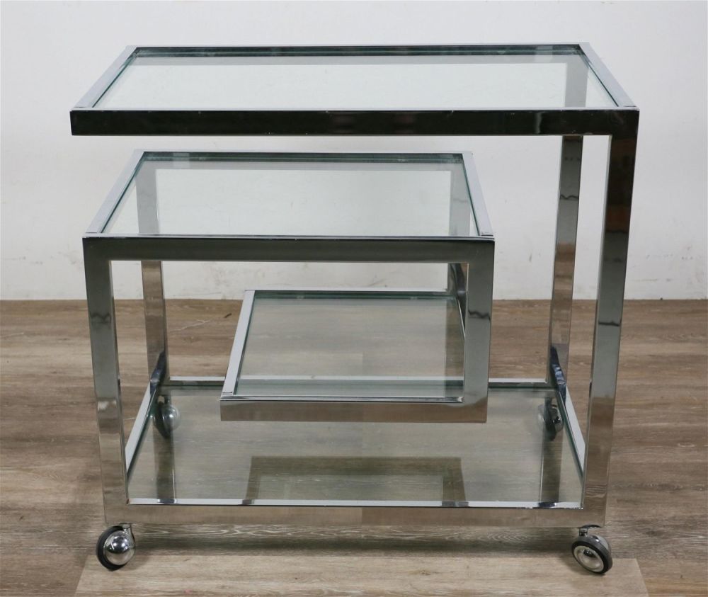Lot 162: Mid Century Modern Greek Key Form Chrome Bar Cart