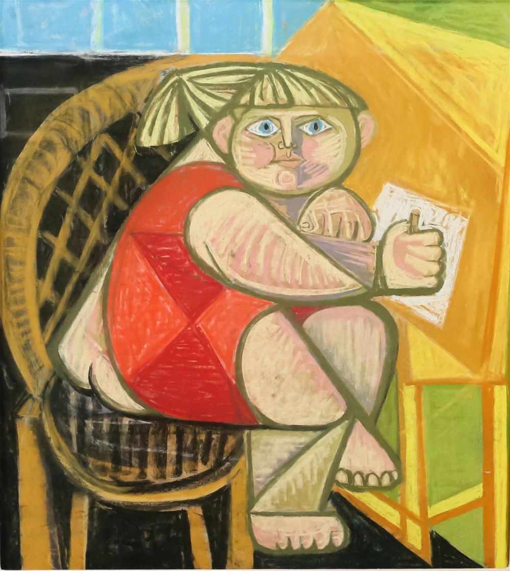 Lot 170: Cubist Pastel on Paper Girl at a Desk