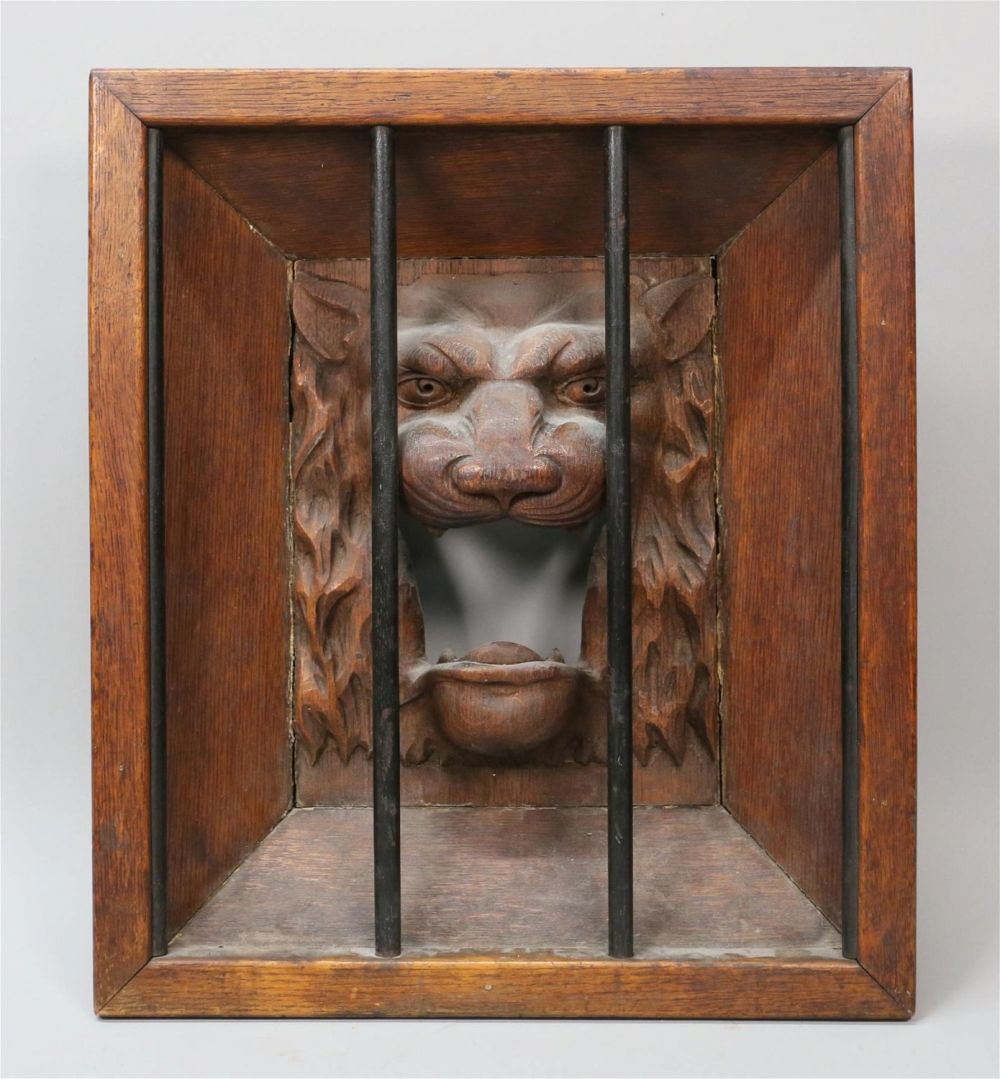 Lot 284: Caged Lion Wood Carving